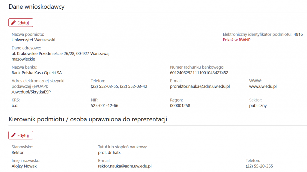 Kierownik podmiotu - wniosek SPUB