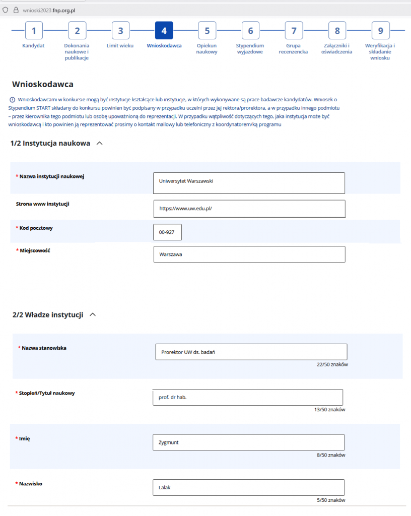 Dane do wniosku START FNP